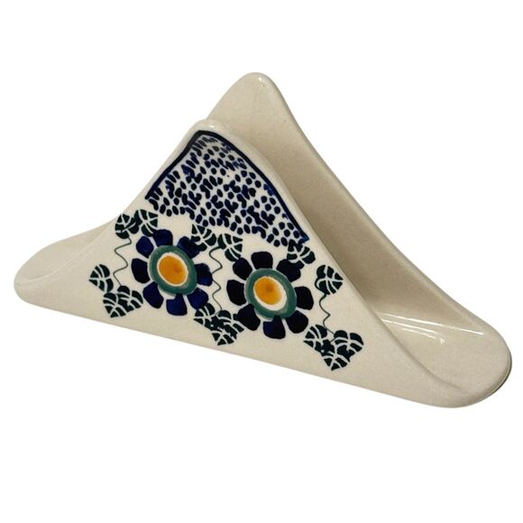 Boleslawiec Polish Pottery Napkin Holder Leaf Vine Floral Triangular Flare Top
